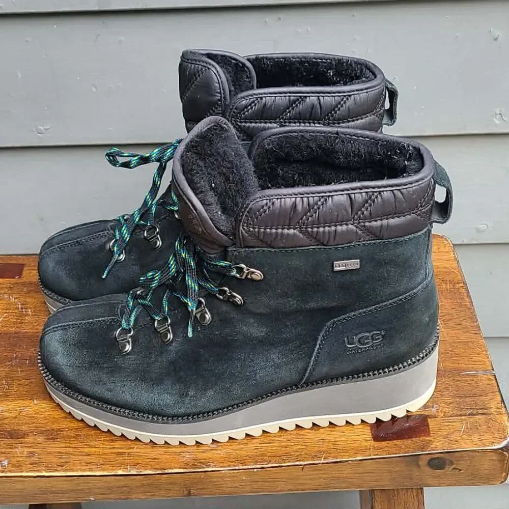 UGG Black Suede Shearling Birch Lace Up Boot size 8